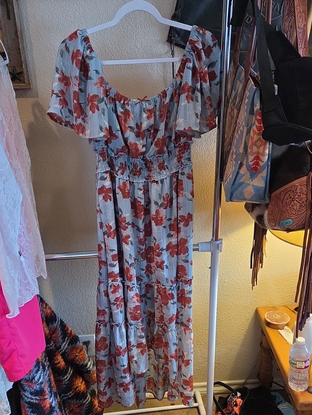 Off-Shoulder Hi-Low Dress in Rust/Maroon Floral